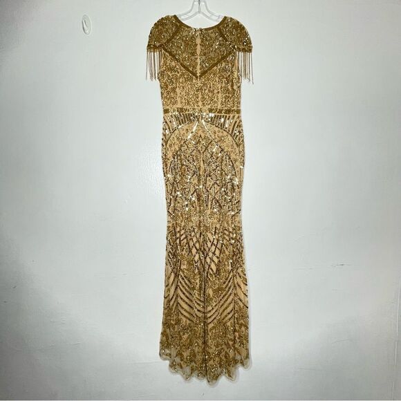 Mac Duggal 4715 Size 12 Embellished Fringe Cap Sleeve Trumpet Gown, Light Gold - Picture 4 of 10